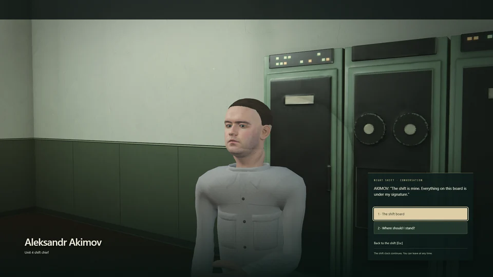 A conversation with the shift chief at his control-room station, captured during gameplay